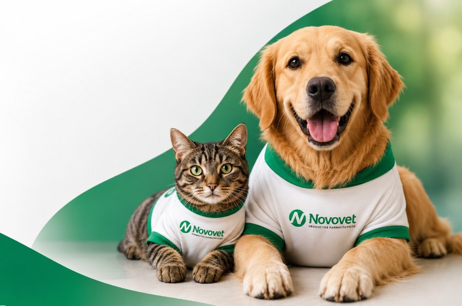 Un perro y un gato con poleras Novovet — bienestar animal