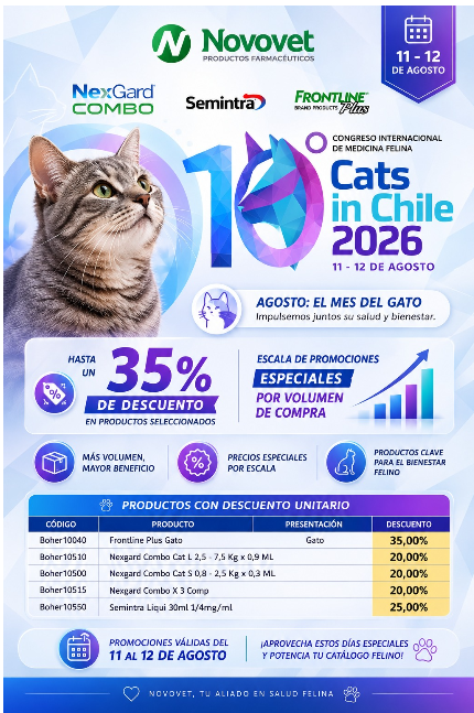 Promoción Novovet — Cats in Chile 2026: hasta 35% de descuento en productos felinos seleccionados