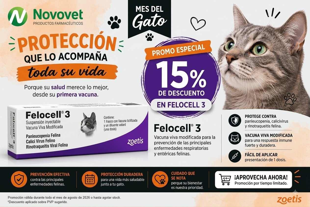 Felocell 3 (Zoetis) — 15% de descuento en vacuna felina, promoción de agosto