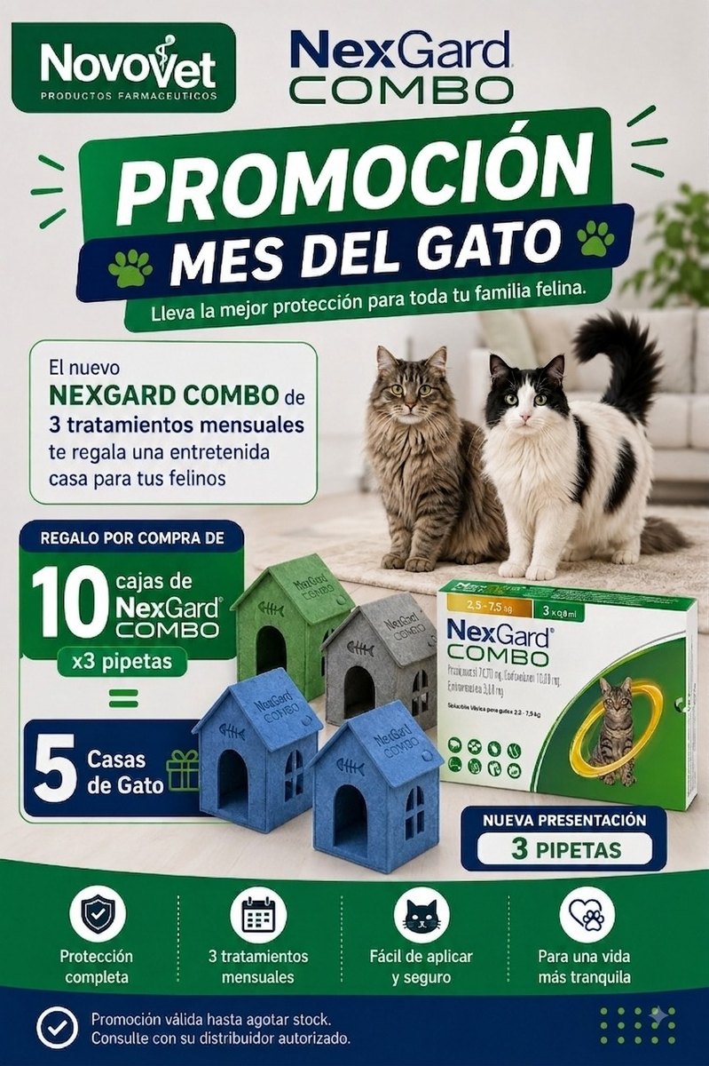 NexGard Combo — Promoción Mes del Gato: por la compra de 10 cajas, 5 casas de gato de regalo